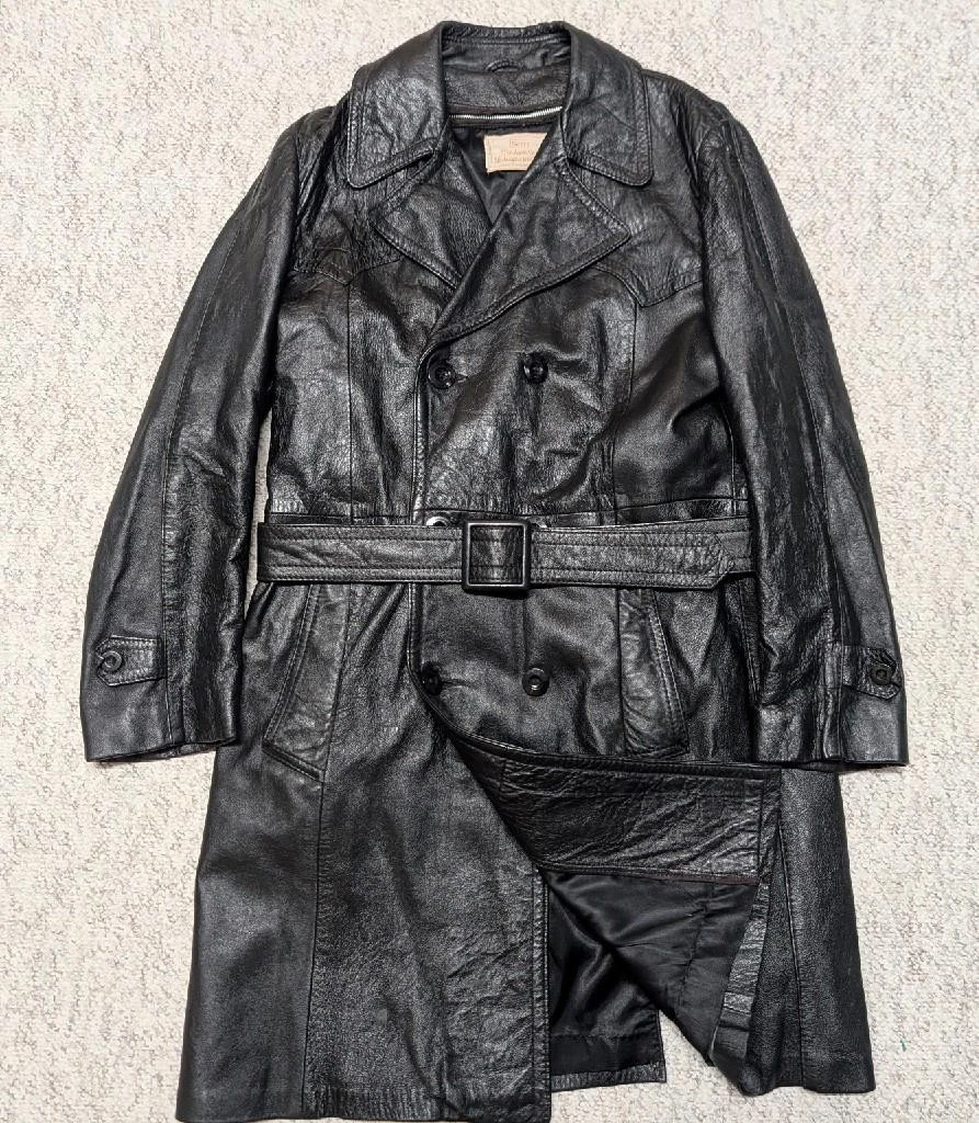1970s vintage TRENCH COAT leather 38 double breasted BELTED black SHERLOCK image 12