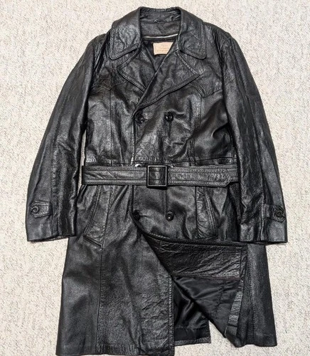 1970s vintage TRENCH COAT leather 38 double breasted BELTED black SHERLOCK image 12