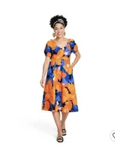 Tabitha Brown for Target Puff Sleeve Floral Midi Dress Orange Blue