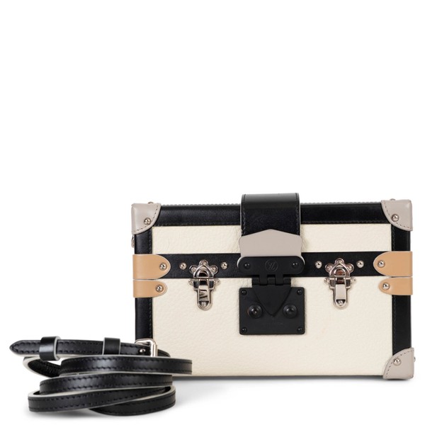 73688 authentische Louis Vuitton Umhängetasche creme schwarz Leder PETITE MALLE TRUNK