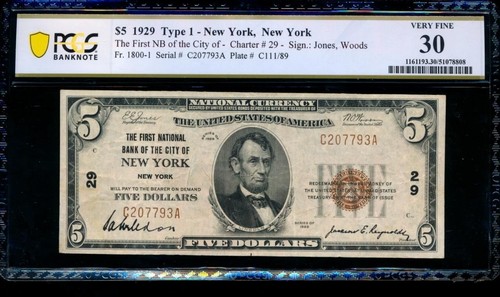 AC 1929 $5 The First National Bank of the City of New York, NY Ch #29 PCGS 30
