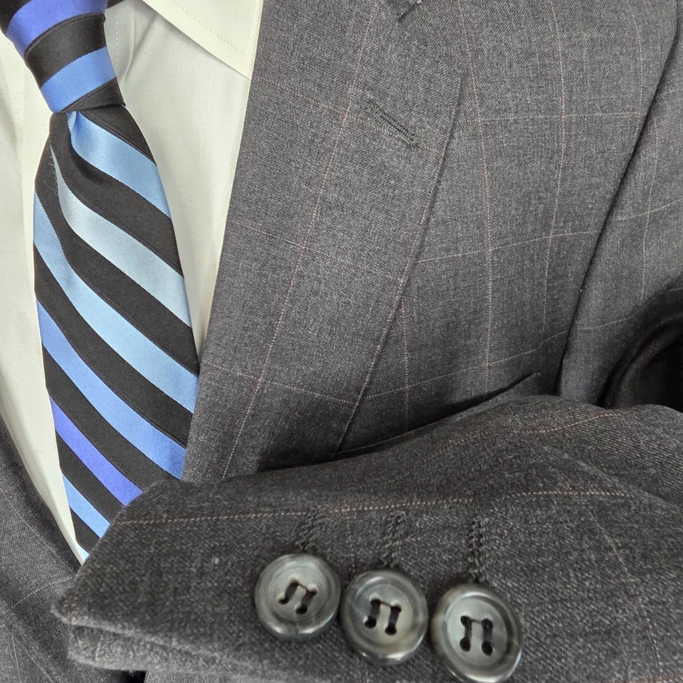 Joseph & Feiss Gold 2 Piece Suit Mens 43R Gray Windowpane Wool 36x29 Pants - Image 4 of 4