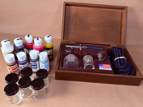 Badger Airbrush Kit Model 150-4 PK w/ Wooden Box + Paints & Jars - Unused ?