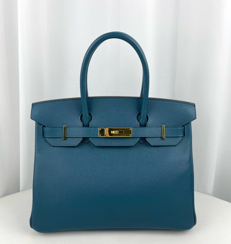 AUTH Hermès Birkin 30 Deep Blue Epsom Leather Gold Hardware Top Handle Bag