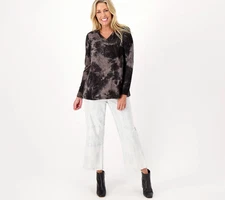 LOGO Lounge by Lori Goldstein Brushed Tie-Dye V-Neck  Top-Black-Large-A522770