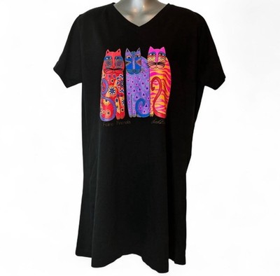 Vintage Laurel Burch T Shirt Dress Day Dress Size S/M Black  Artistic Cats
