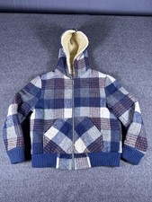 Bomber Jacket Youth 8 Blue Plaid Sherpa Lined Hooded Zip Wool Blend Winter 70s