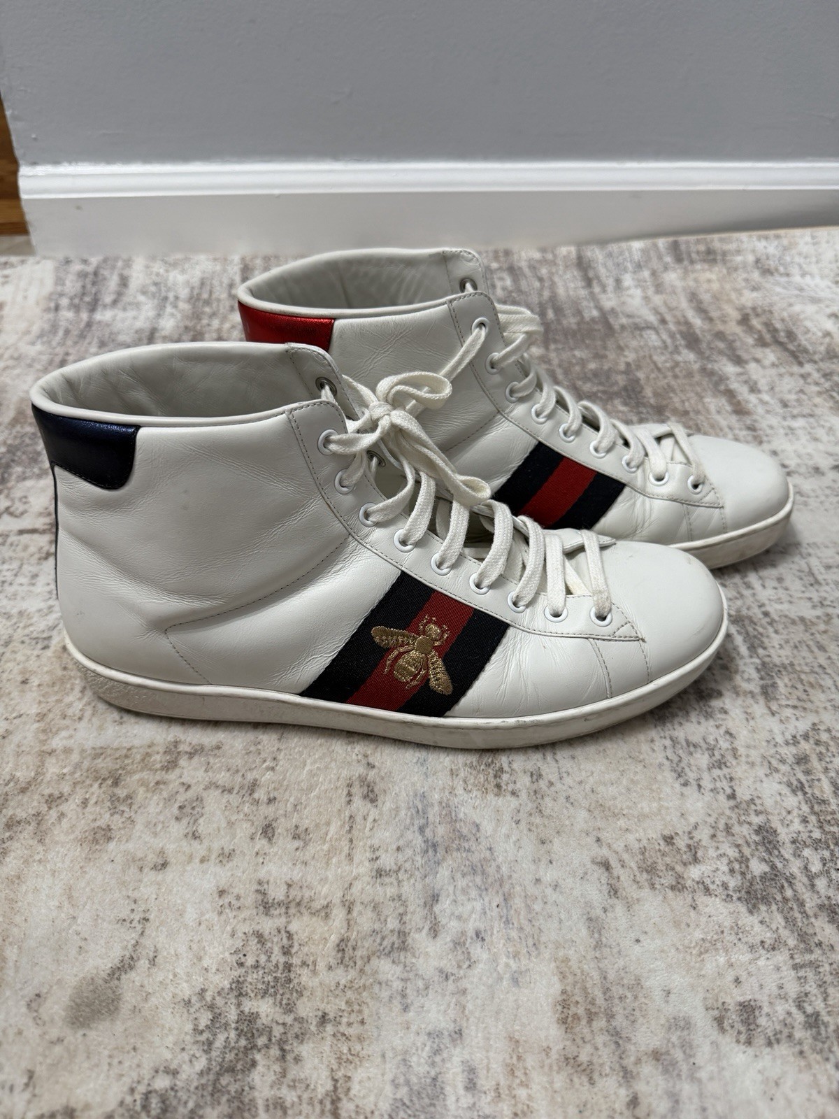 Gucci Ace High Top Sneakers Bee Web White NO BOX Leather Red Blue 501803 US9