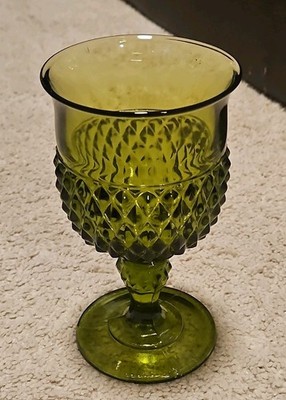 Vintage Indiana Glass Diamond Point Avocado Green Water/Wine Goblet 6.5'' MCM