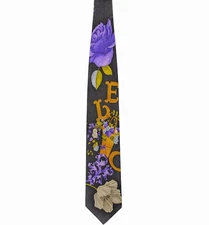 LEONARD PARIS Silk tie Deco design with white-purple flowers & gold letters-EUC