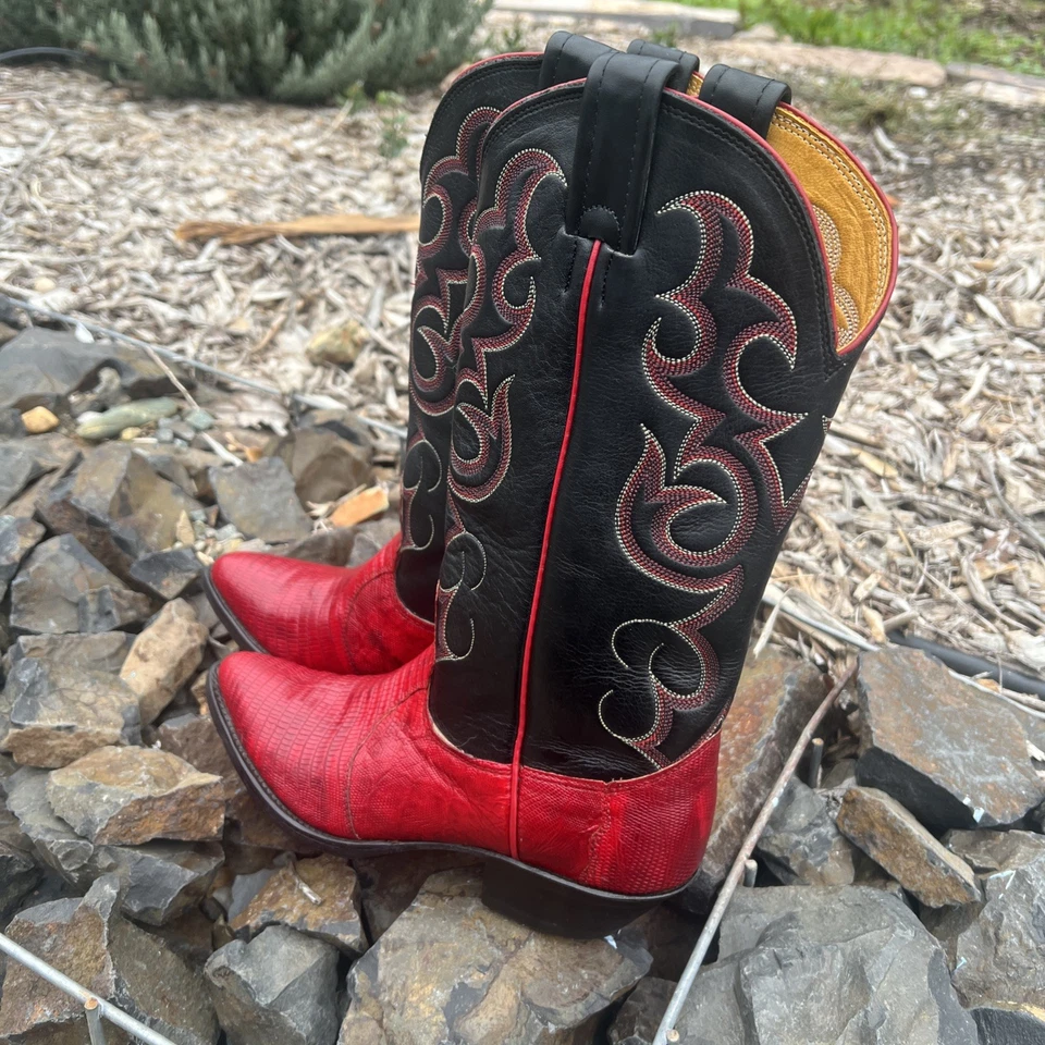  Botas femininas Nocona 5.5 couro vermelho Teju lagarto faroeste cowgirl pontiagudas  - Imagem 2 de 4