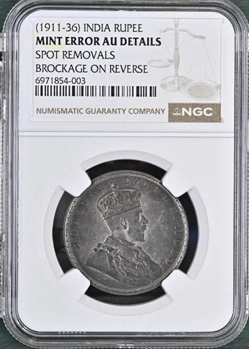 1911-36 India Rupee Mint Error NGC AU Details Full Reverse Brockage