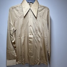 Vtg 70s Arnel Nylon Dress Shirt Button Up Long Sleeves Gold Size M