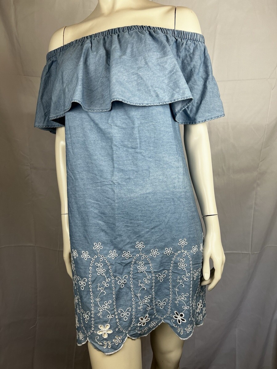 off the shoulder denim dress Mini with Sculpted Flower in Blue a closet essential Malina Off the Shoulder Denim