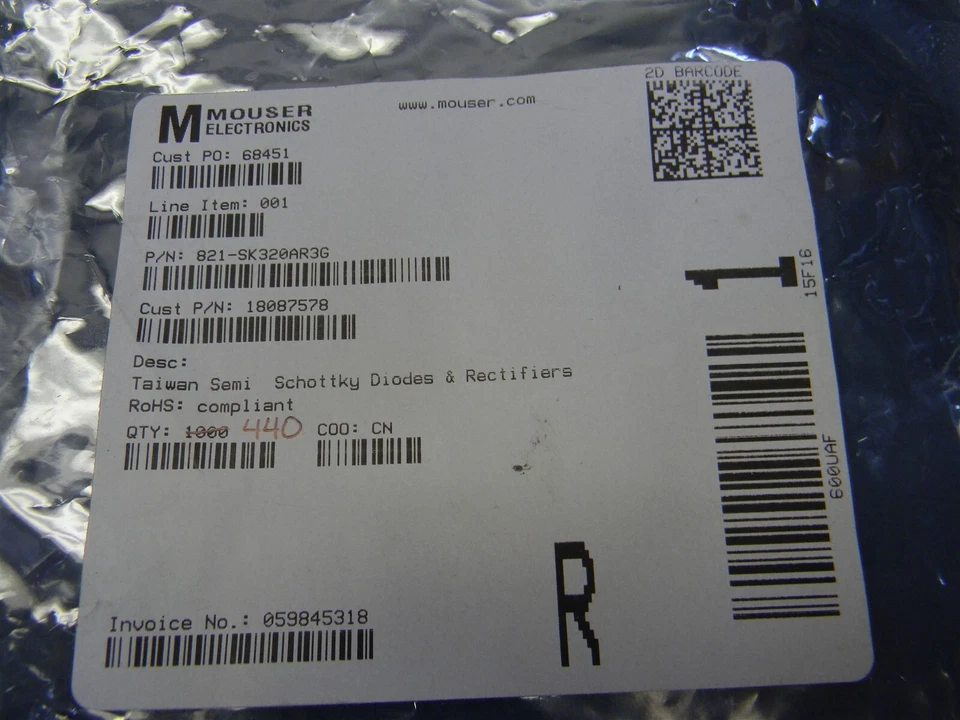 Taiwan Semiconductor 821-SK320AR3G Schottky Diodes Rectifiers 3A 200V Lot of 440 - Image 4 of 4