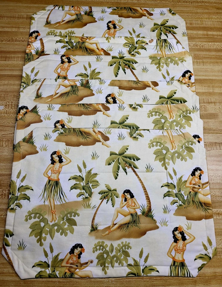 6 Vintage Quilted Placemats. “Hula Girls” Fabric. 17"x12 Mid-Century Mod - Image 2 of 4
