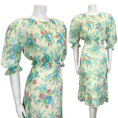 Vintage 60er 70er Jahre creme blau lila grün rose geblümt gerafft 1/2 Ärmel Tee Kleid 10