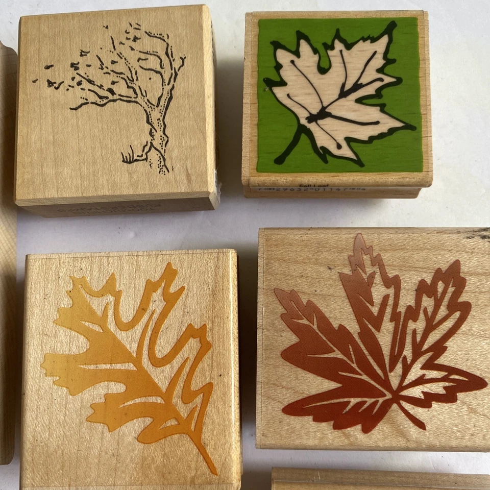 Lote de 10 estampillas de goma de bloque de madera surtidas hojas de árbol de otoño palmera de colección 1990 Foto 4 de 4