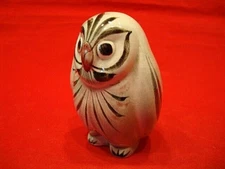 TONALA Mexican Pottery Owl Figurine in Slit Gray w/Floral Design 3" X 4" Signed