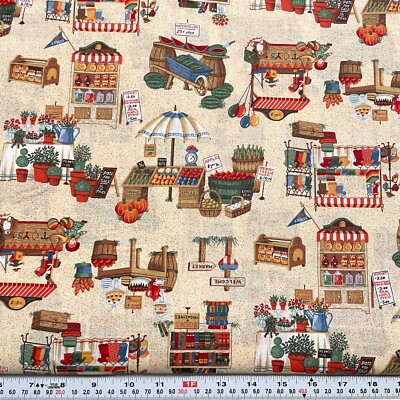 Vintage Cranston Farmers Market Beige Cotton Fabric by the HALF YARD