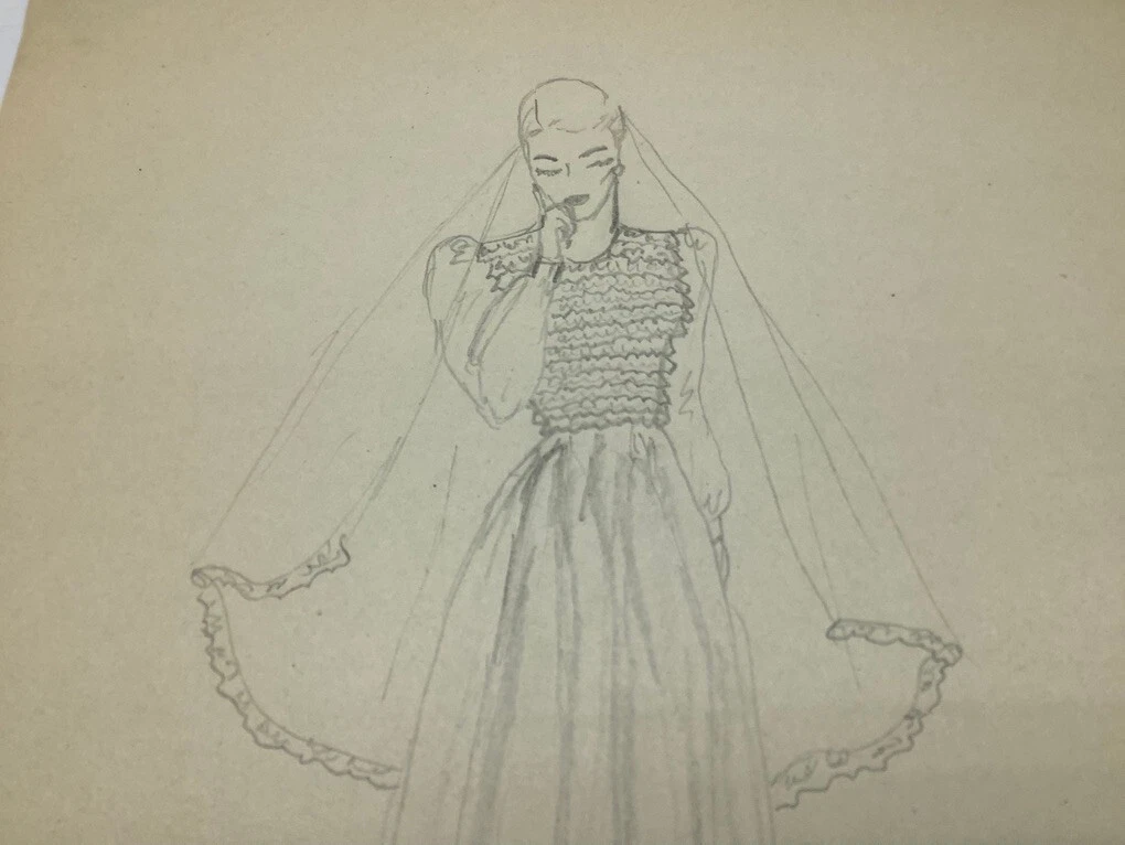 Original Female FASHION drawing 1945 very fancy dress and vail MODERN wed