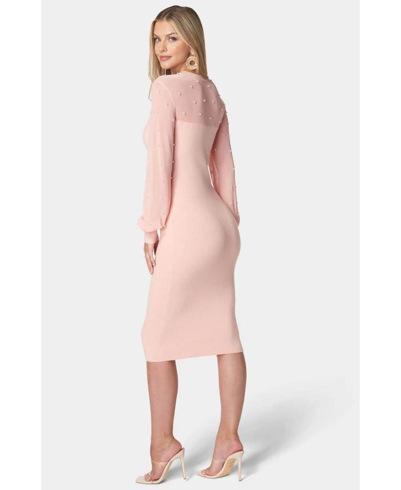 Vestido suéter tejido de malla perlada rubor Bebe L112925 para mujer talla S Foto 2 de 4