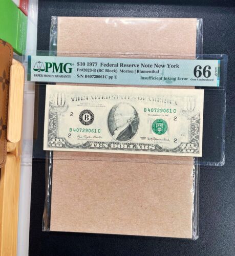 Fr.2023-B 1977 $10 FRN NEW YORK "INSUFFICIENT INKING ERROR" PMG 66 EPQ - GEM UNC