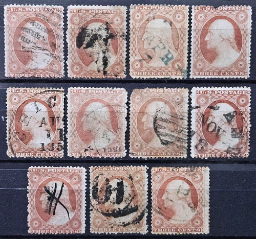 US Stamp Collection 1857-61 3c Washington Lot of 11 Used