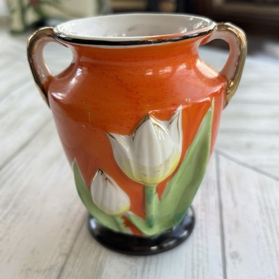 Vintage Japan Art Pottery Vase Double Handle Orange Tulip Floral Vase 4  Tall 