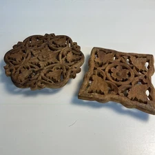 Vintage Hand Carved Wooden Trivet Set India Floral Design