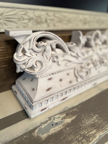 Farmhouse/French Country White Distressed Floating Carved Ornamental Wall Shelf - Picture 12 of 17