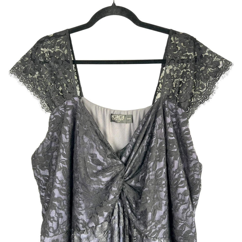 Vestido de cóctel midi con encaje torcido delantero Igigi negro encaje púrpura satinado talla 26-28 Foto 2 de 4