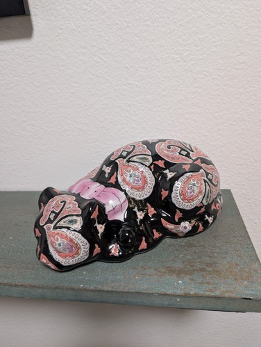 Vtg Floral Sleeping Cat Chinoiserie Porcelain Figurine 10” Hand Painted Chinese