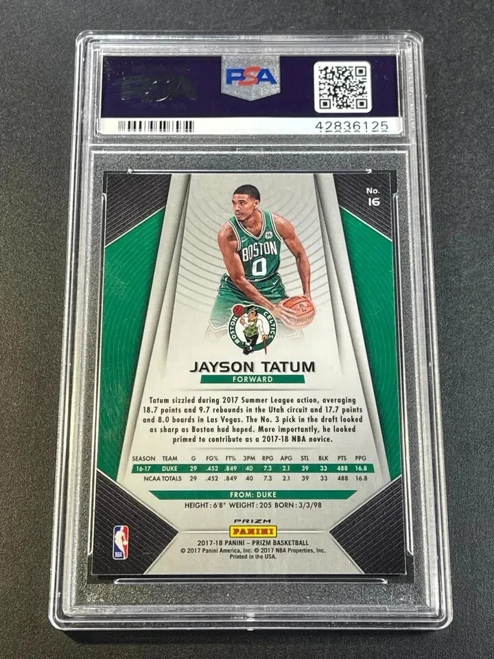 JAYSON TATUM 2017 PANINI PRIZM #16 SILVER PARALLEL ROOKIE RC PSA 10 GEM NBA view 2