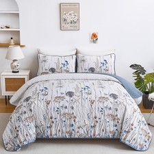 Blue Quilt Queen Size Floral Botanical Queen Quilt Bedding Set 3 Pieces Soft ...