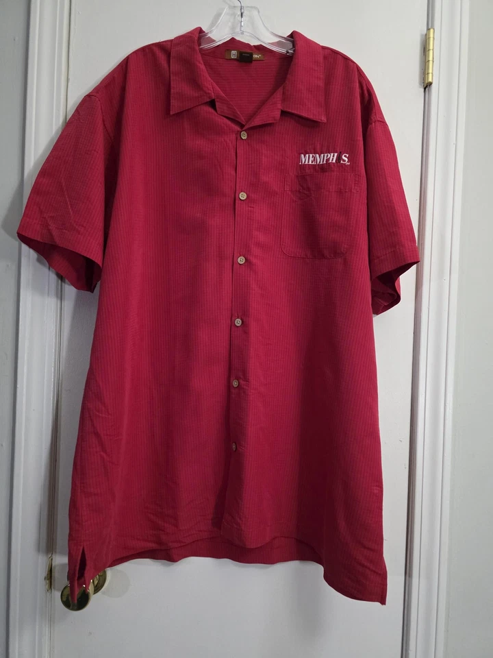 Camisa Memphis Logo Para Hombres XL Roja Hogar Azul Lugar de Nacimiento Rock Roll Abotonada Harriton Foto 4 de 4