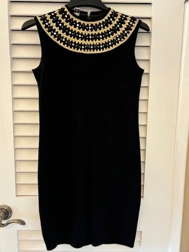 St. John Dress Knit Sequin VTG Sleeveless Art Deco Black/Gold/Rhintestone Size 6
