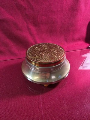 VTG Music Box Powder Jar Brass Tone Vanity. Works
