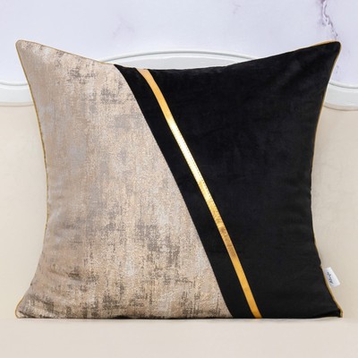 Alerfa 20 x 20 Inch Black Beige Gold Leather Patchwork Velvet & Polyester