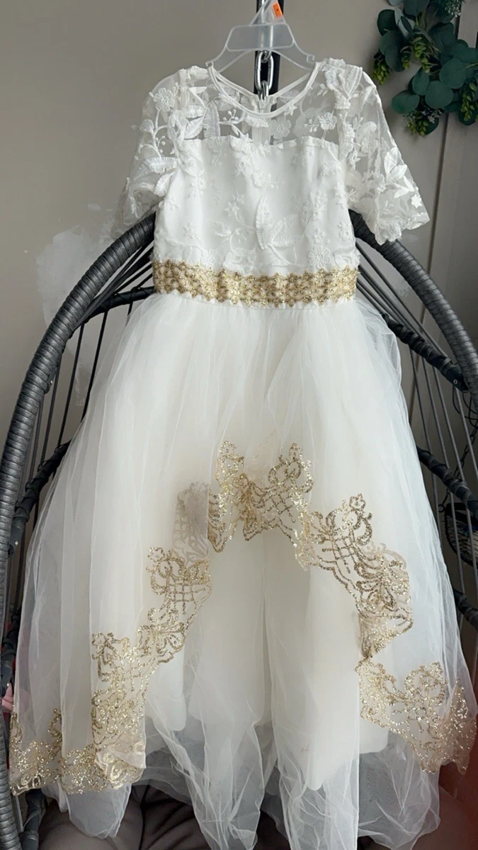 matilda frill trim lace overlay gold bead dress white Matilda Frill Trim Lace Overlay Gold Bead Dress White