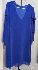 Royal Blue XL Glitter Cocktail Dress V Neck Flutter Sleeve Lined Stretch Sheer