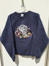 Vtg Warner Bros. Studio Looney Tunes Embroidered Fleece Sweatshirt Navy Blue L