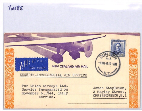 NEW ZEALAND Air Mail Cover UNION AIRWAYS FIRST FLIGHT 1944 Aviation ART YM185 - Picture 5 of 12