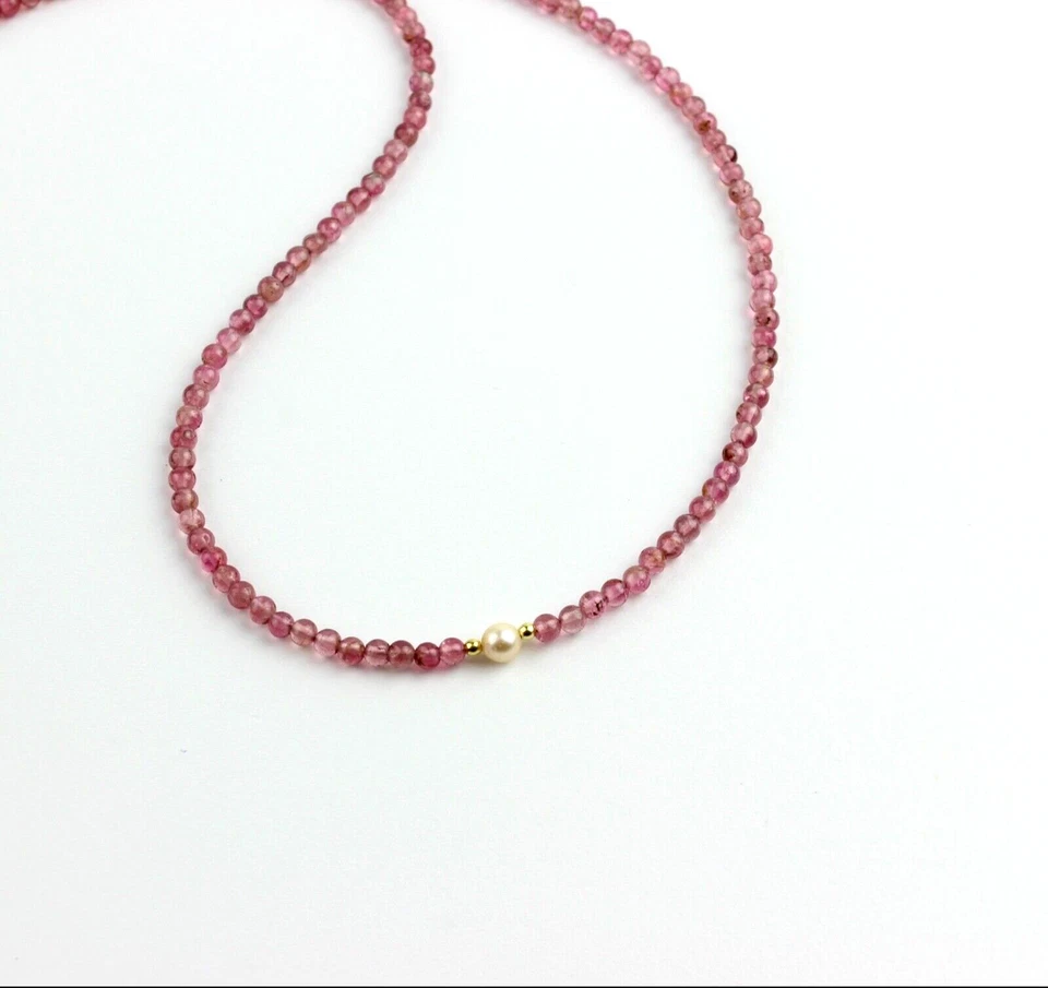 Turmalina Rosada Cadena con Perla Rubelita Rosa Bola Collar Regalo Aprox. - Imagen 3 de 4