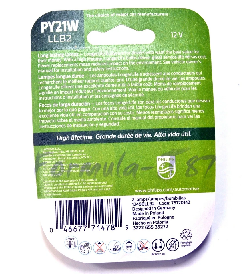 Philips LongerLife 7507 PY21W 21W Dos Bombillas Señal de Giro Trasero Stock de Repuesto Foto 2 de 4