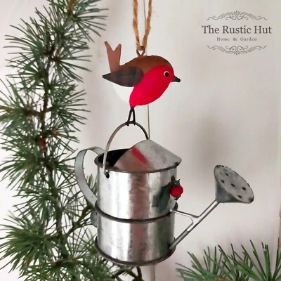 Robin on a Watering Can SMALL Hanging Christmas Decoration by Shoeless Joe