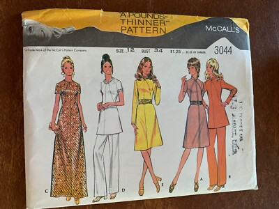 McCalls 1971 Sewing Pattern 3044 Dress Tunic Pants  Size 12 Bust 34
