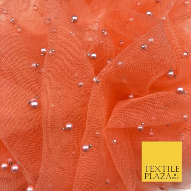 ORANGE Studded Pearl Mesh Net Fabric Bridal Sheer Craft Dress N1097