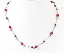 Gray Metallic Bar Chain Red Glass Bead Goth Victorian Style Choker Necklace 15.5