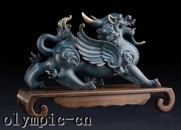 чистая латунь ручная роспись резной китайский дракон зверь Kylin статуя  - Изображение 4 из 4